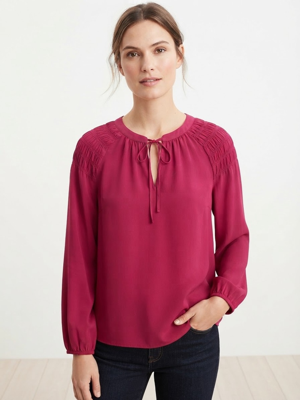 NWT LOFT Red Smocked Shoulder Tie Neck Long Sleeve Blouse Size XL